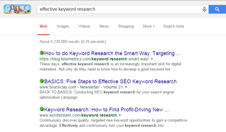 keyword research search results page