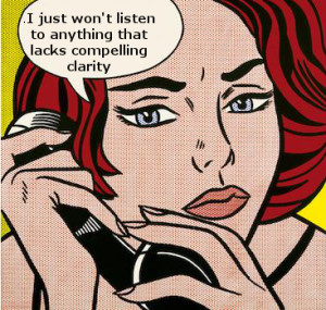 pop art image of woman on phone giving corporate brochure copywriting advice