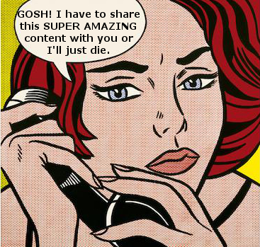 pop art picture of lady on phone sharing link bait content