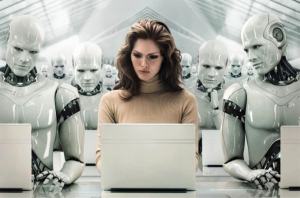 robots surround woman