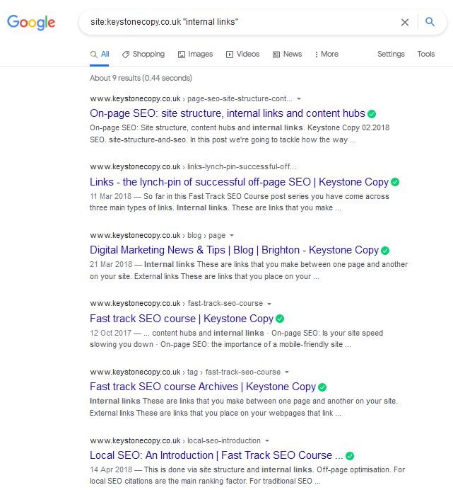 internal links search result